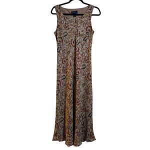 Charter Club Women Tan Brown 100% Silk Shift Dress Floral Print Sz 8 Boho Hippie